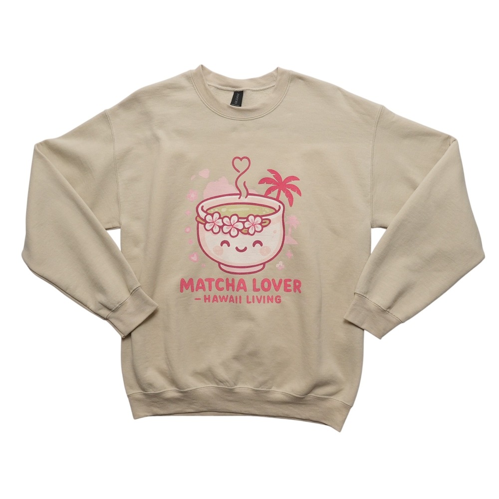 Gildan Sweatshirt Women Medium Tan Matcha Lover Hawaii Living Graphic Pullover